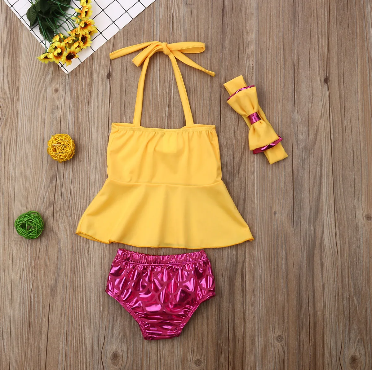 Imcute/Новинка года; Модный милый комплект из 3 предметов для маленьких девочек: топ с желтым бантом на бретельках+ шорты+ повязка на голову; комплект бикини; Купальник; купальный костюм