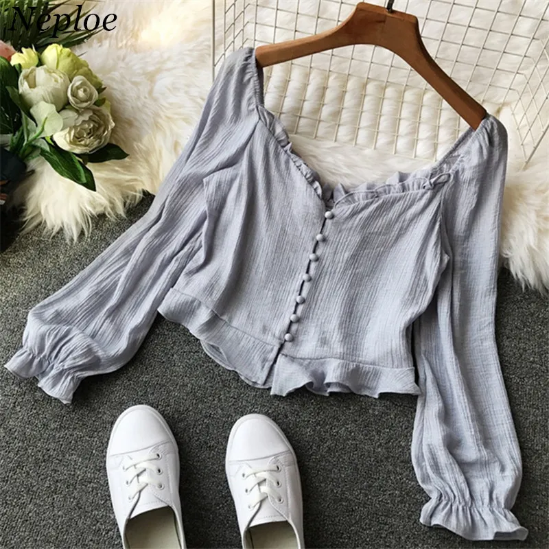 

Neploe Solid Ruffles Women Chiffon Blouse Slash Neck Vintage Elegant Female Short Top 2019 Autumn New Fashion Chic Shirts 68859