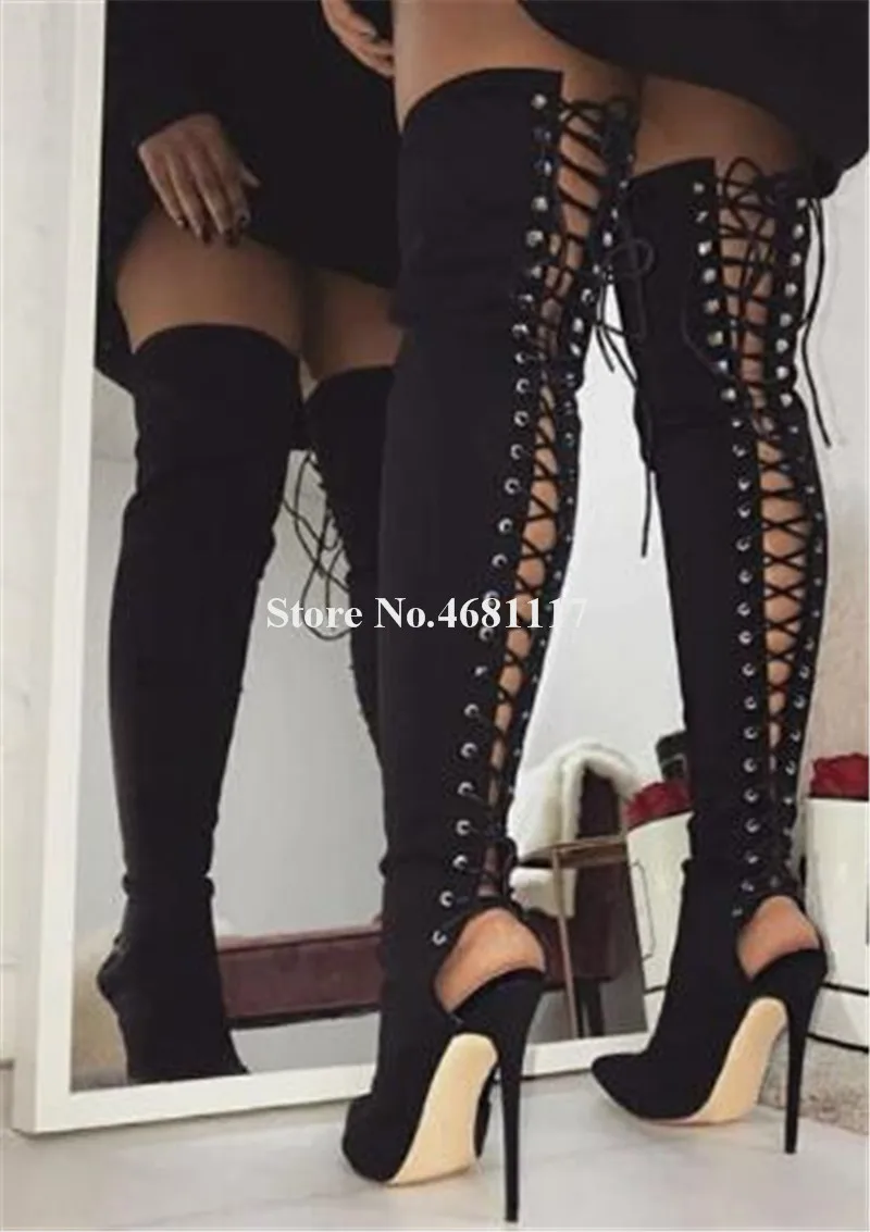 Western Sexy Genou out Talons Daim À Talon Style Bottes Retour Lacets Gladiateur Cut Cuir Pointu En Mince Sur Bout Hauts Long ikuOPXwZlT