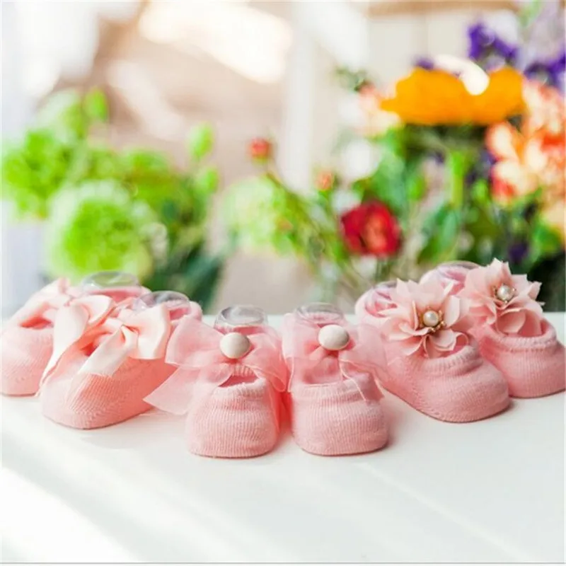 3 пары в партии, носки для малышей весенне-летние тонкие новые хлопковые детские Нескользящие носки-тапочки с кружевными цветами и бантом, Meias - Цвет: Pink