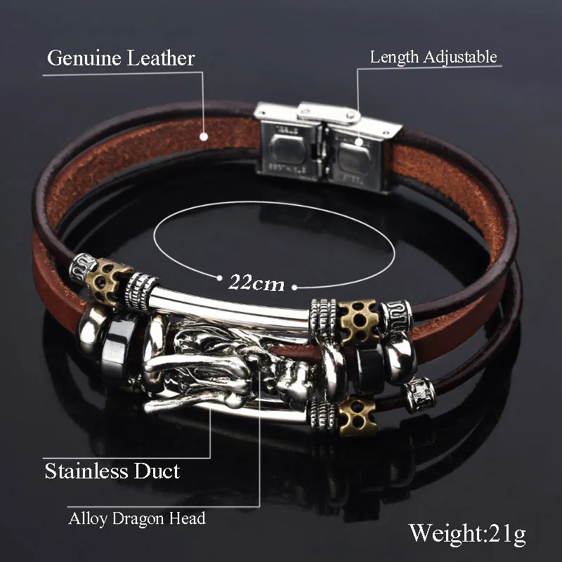 Модные ювелирные изделия из тибетского серебра, мужской кожаный браслет, винтажный паратаксический дракон, многослойные мужские браслеты аксессуары для мужчин