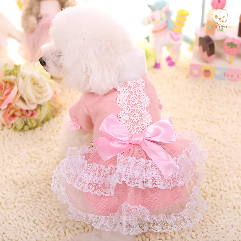 

Pet Dog Clothes Dress With Lace Bow Sweet Princess Dress For Yorkshire Chihuahua Teddy Cat Clothing Fur Collar Coat Pink