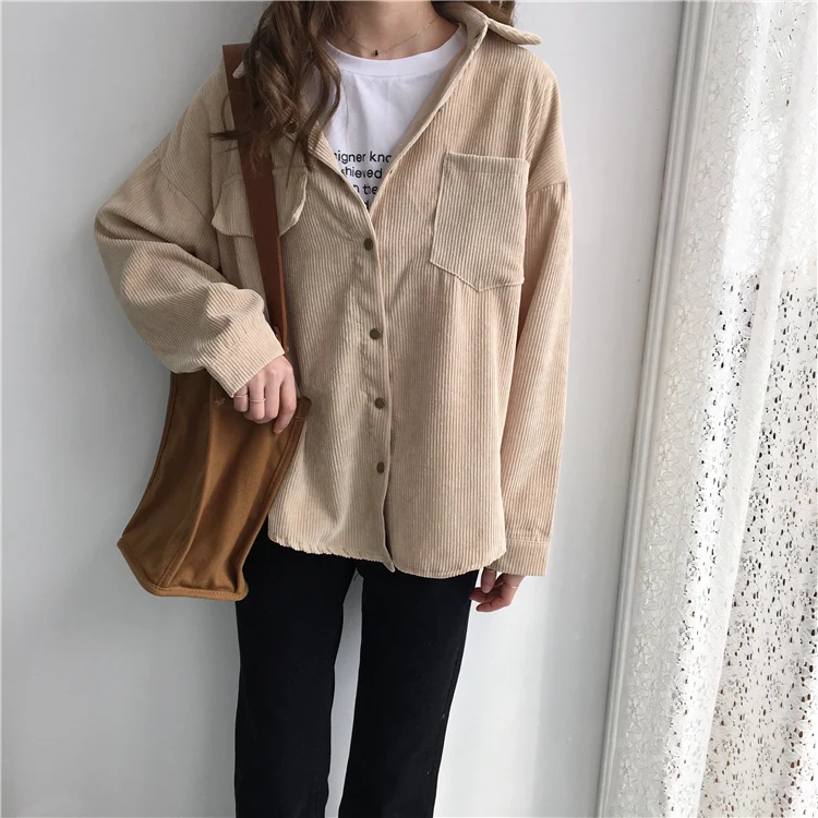 2 colors spring and autumn Loose Shirts Korean Solid Blouse Long Sleeve Corduroy blouses Women Tops outwear coats C6016