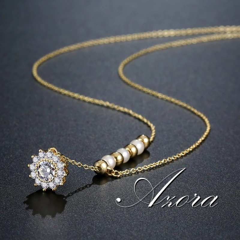 AZORA изысканный золотой бисер и жемчуг ожерелье в форме подсолнечника кулон кольцо с фианитом проложить для женщин TN0255
