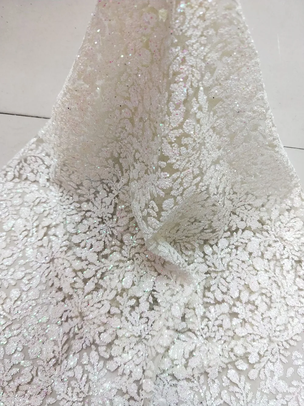 

Latest pattern 5yards French net tulle lace fabric Hot sale ZH-322103 glued glitter with sequins fabric for party dress