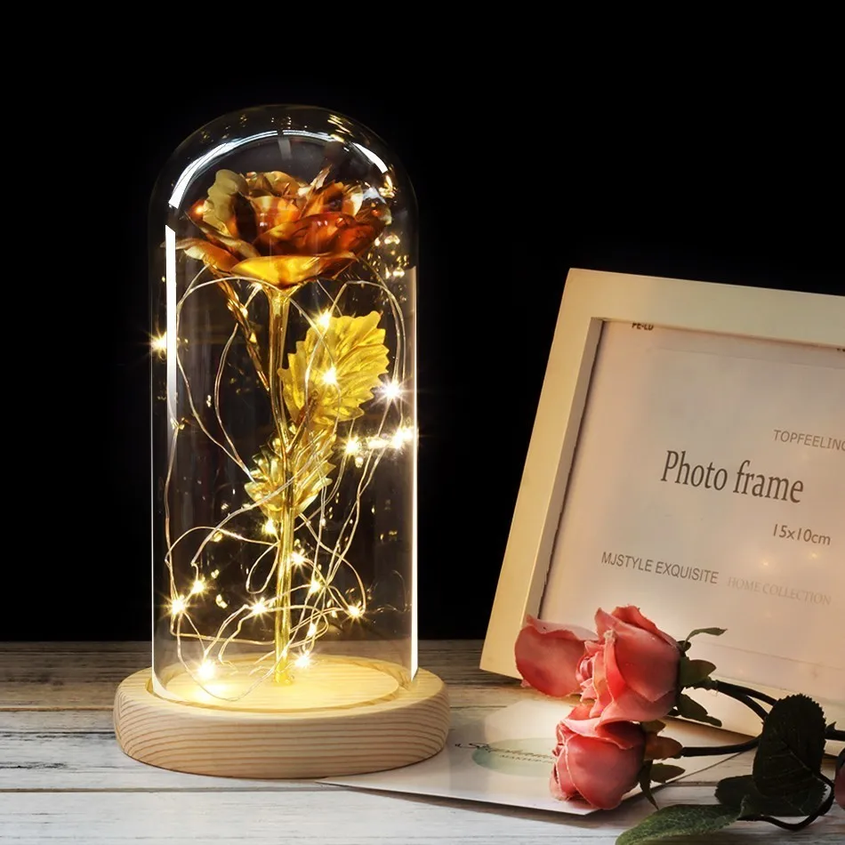 Светодиодный светильник "Красавица и Чудовище" с цветком розы, черная основа, стеклянный купол, лучший подарок на день матери, День святого Валентина