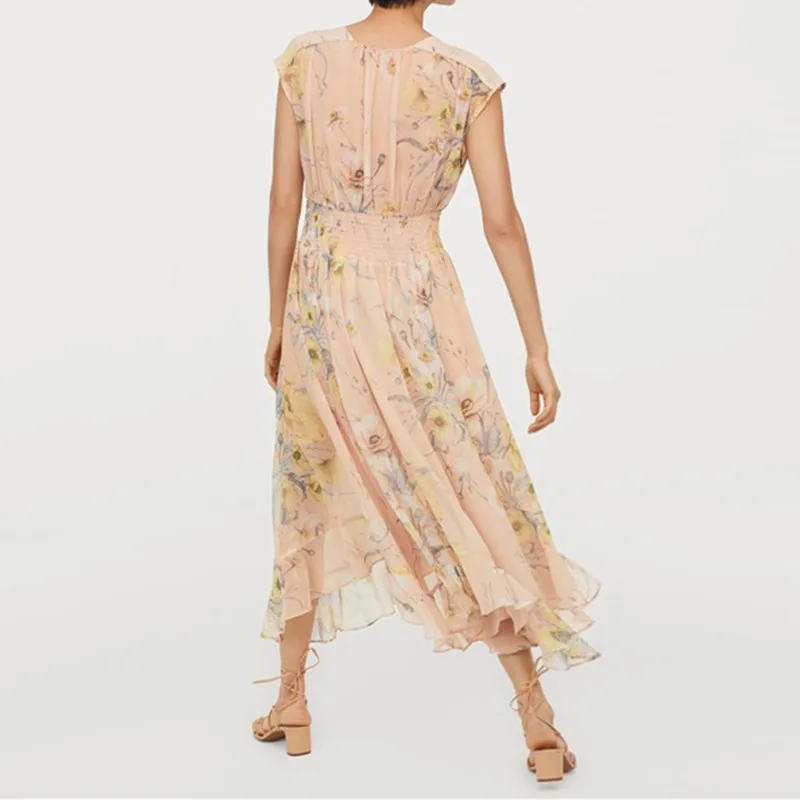 

Women Casual Chiffon Pleated Dress V Neck Floral Print Midi Dress Summer Elastic Waist Sleeveless Boho Dress