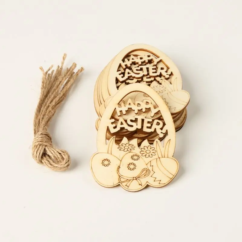 

10pcs Laser Cut Happy Easter Egg Wooden Tag Embellishment Decorative Pendants DIY Hanging Ornaments With Strings