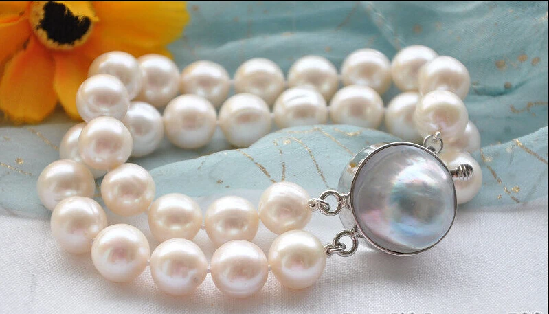 

A 2strands 12mm white round freshwater white PEARL bracelet 8inch