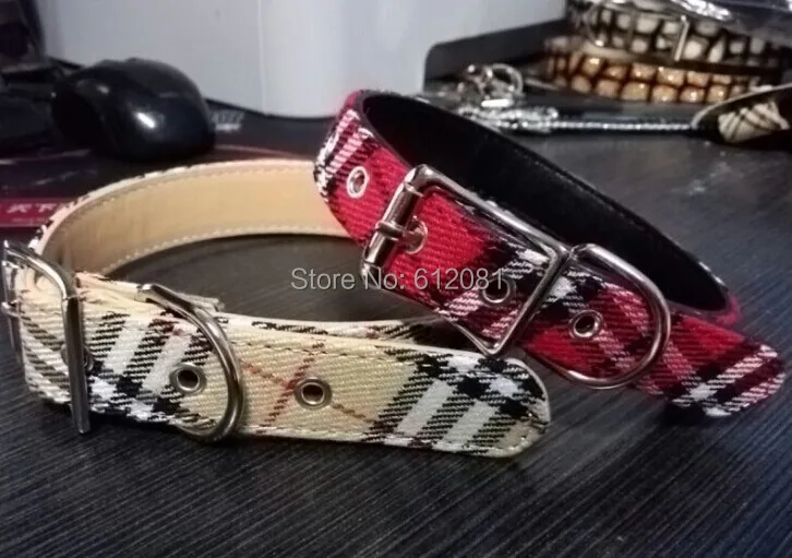 

Free shipping new style Leather pet DOG collar plaid collar beige check red check 20pcs/lot