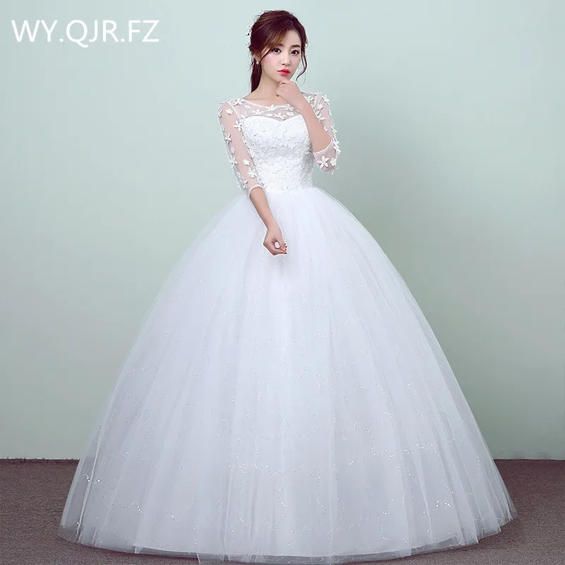 

HMHS118#White O-Neck Bride's wedding dress Ball Gown lace up long wholesale cheap women clothing party dresses 2019 new Applique