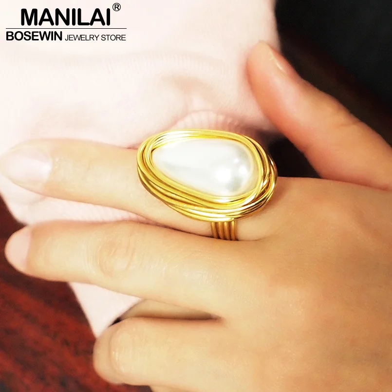 

MANILAI Wire Spiral Geometric Statement Rings Women Fashion Simulated Pearl Rings Finger Handmade Statement Rings Jewelry