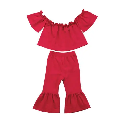 2pcs Toddler Kid Girl Casual Off Shoulder Short Sleeve Tops Bell-Bottom Long Pants 2018 New Summer Clothes Set | Мать и ребенок