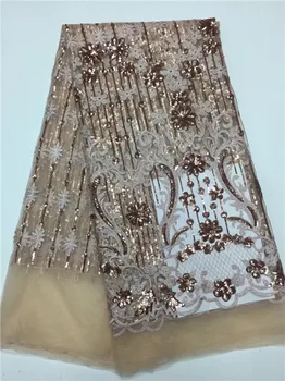 

2018 Upscale French Net Champagne/Gold Sequins Lace Fabrics,High Quality African Tulle Lace Fabrics Sequins Wedding Nigeria lace