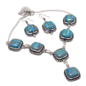 

Rainbow Calsilica Necklace + Earings Silver Overlay over Copper, 48.3 cm , N3952