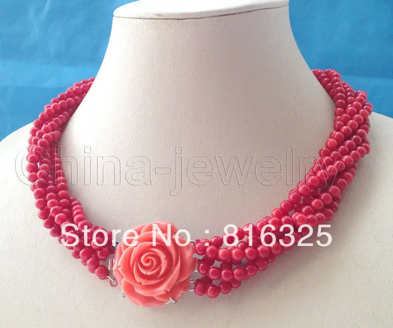 

FREE SHIPPING>>Beautiful 18" 6row 5mm round red coral necklace