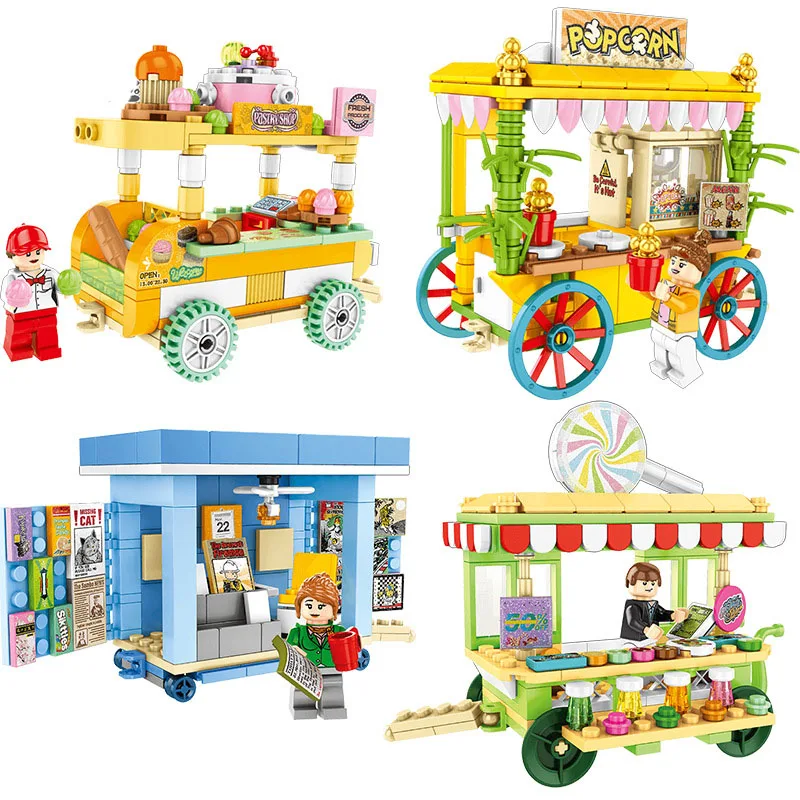 

4Pcs New City Creative Mini Street View Series Ice Cream Dining Car Popcorn sale car Building Blocks Toys For Children Gifts