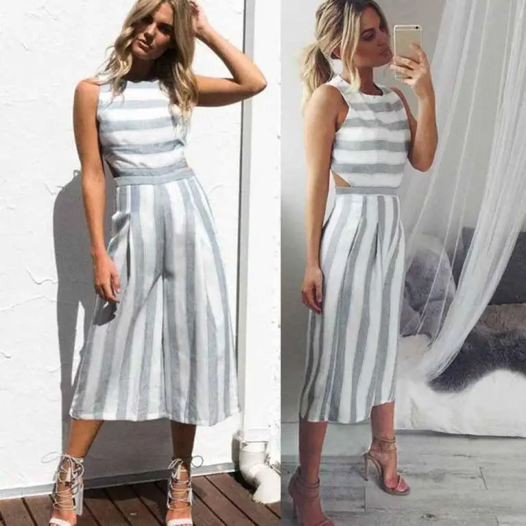 

Women Jumpsuits - 2018 New design Fashion gray-white stripe popular jumpsuits Cotton Linen Loose Casual Playsuits