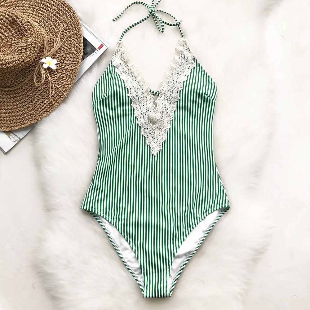Billige CUPSHE Wünschen Sie Gut Spitze einteiliges Badeanzug Ausschnitt Tiefem v ausschnitt Sexy Body Monokini 2020 Damen Strand Bade anzug Bademode