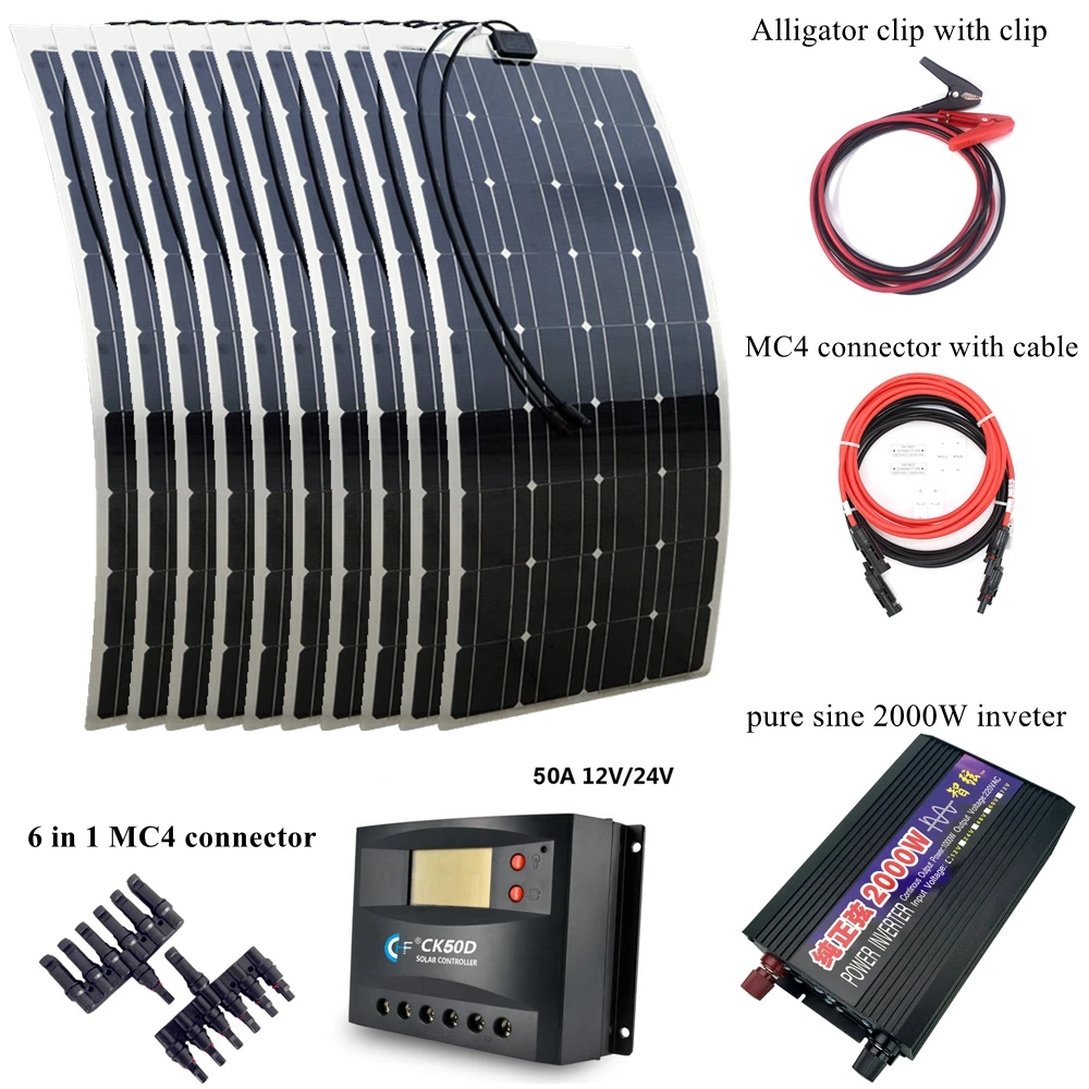 

1000W Solar Power Syetem Includes 10pcs 100W Solar Panel 2000W Pure Sine Wave Inverter 30A Controller and Connection Cables