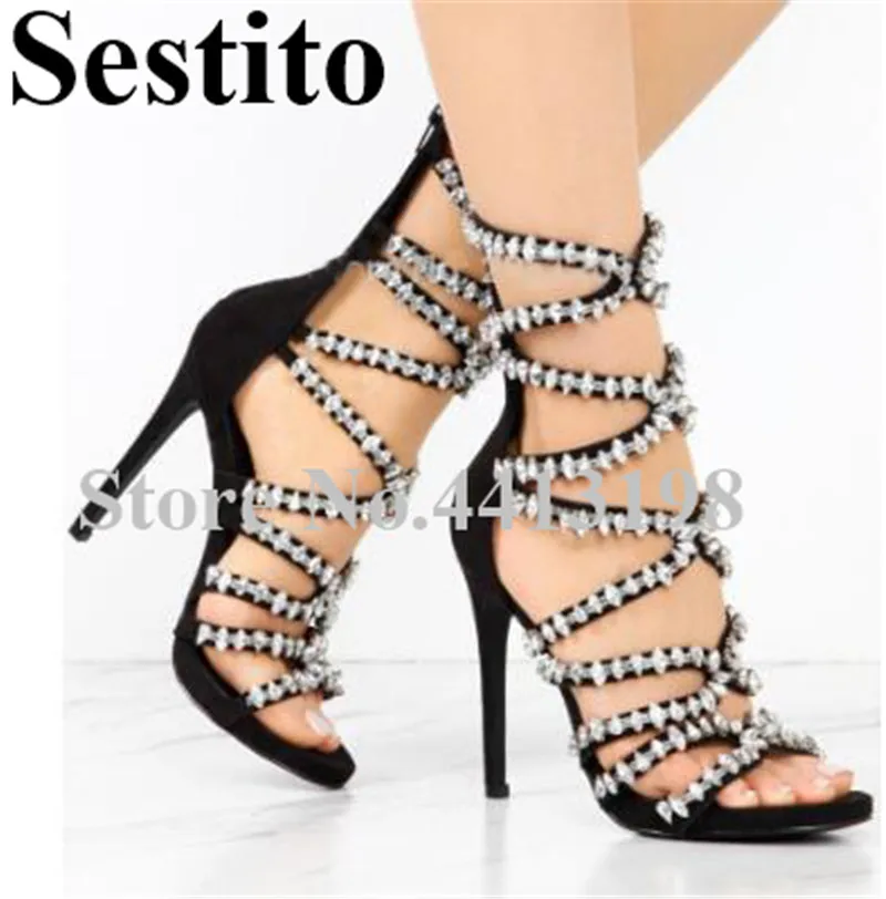 

Sexy Cross-tied Crystal Pearl Party Sandals Peep Toe Super High Thin Heels Sandals Zip Cover Heel Summer Casual Women Shoes