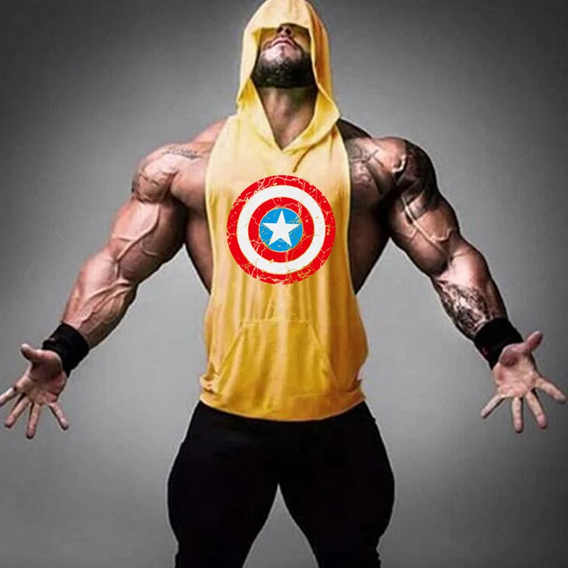 

Captain America Gym Fitness Men Tank Top with hooded Men Bodybuilding Stringers Run Tank Tops workout Singlet Sleeveless Shirt