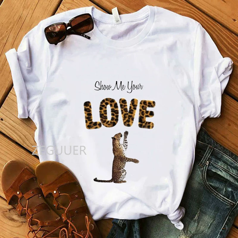

Vogue Leopard Print T-Shirt Women Show Me Your Love Letter T-shirt Girl 100% Cotton White Casual Tees Soft Good Quality Tops