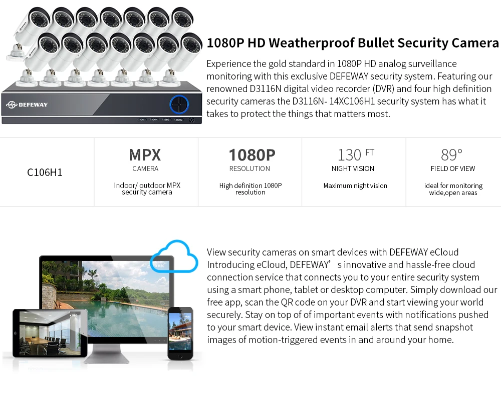 DEFEWAY система видеонаблюдения HD 1080 P 16CH DVR 14 шт. IR-CUT HD 2.0MP CCTV ip-камера система 16 каналов видеонаблюдения комплект