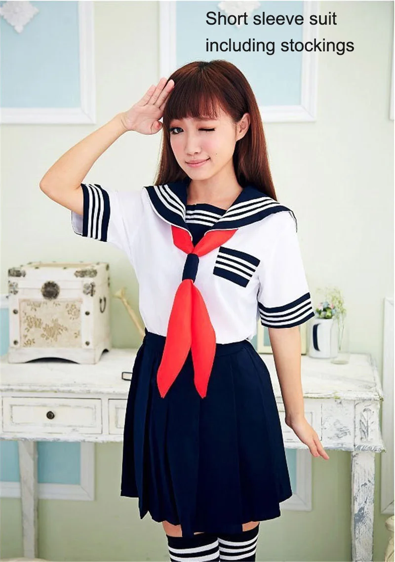 Японская школьная униформа моряка для девочек с длинными рукавами, Классическая школьная форма моряка морского флота, костюм средней школы U006 - Цвет: Short with stockings
