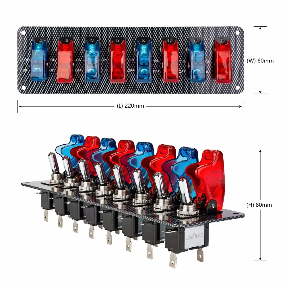 DC12V 20A гоночный автомобиль переключатель тумблер панель для гоночного автомобиля углеродное волокно 8 переключателей красный и синий гоночный автомобиль переключатель панель