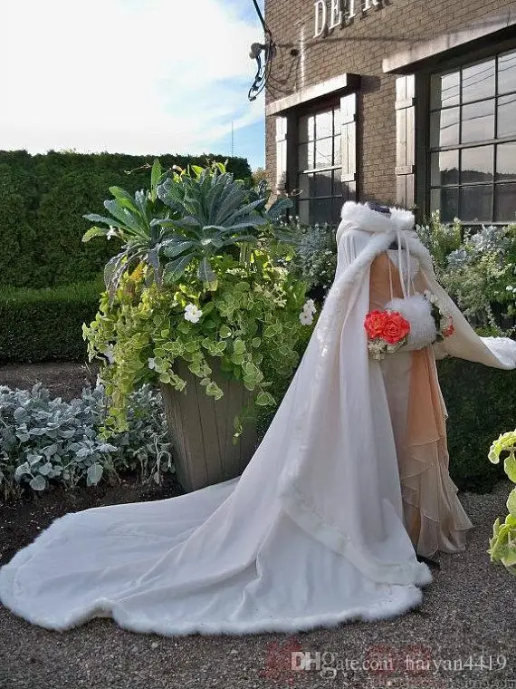 2.2 meters White Wedding Cloaks Hooded Bridal Cape with Train Faux Fur Winter Wedding Accessories Bridal Wraps Cape