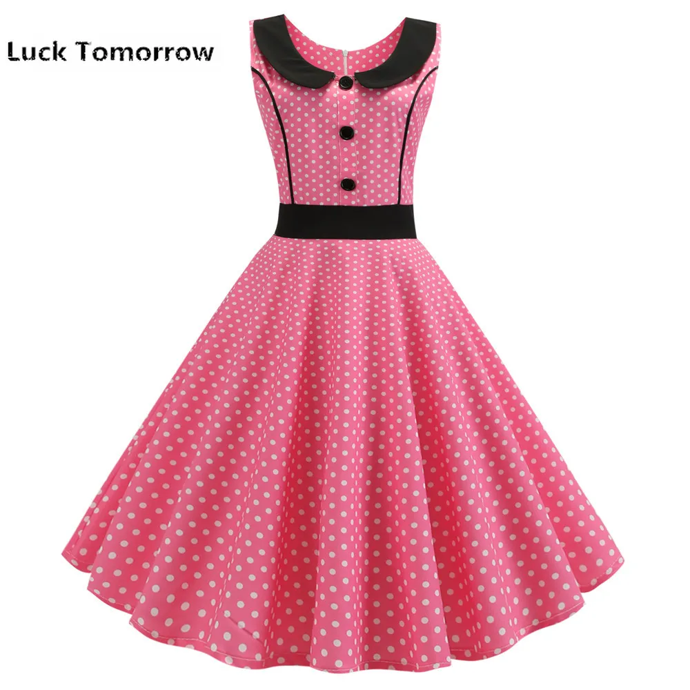 

2019 Summer Women Pink Polka Dot Elegant Party Dress Retro Vintage 50s 60s Pin Up Rockabilly Dress Plus Size Casual Robe Femme