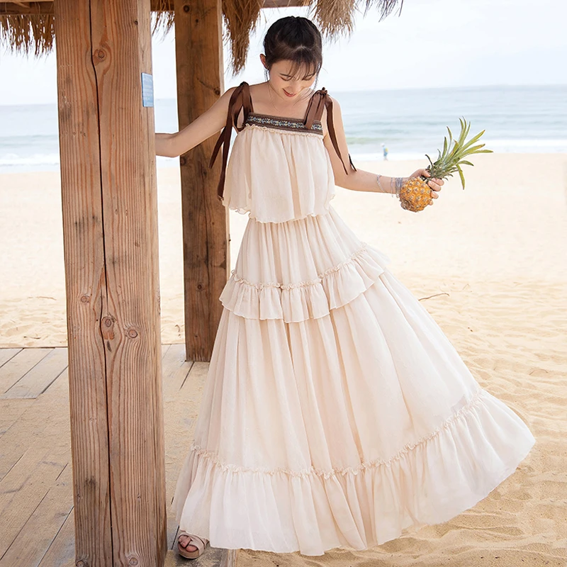 

2019Summer Women Bohemian Beach Casual Loose Chiffon Maxi Dress Ladies Sweet Elegant Embroidery Multi-Layered Ruffles Long Dress