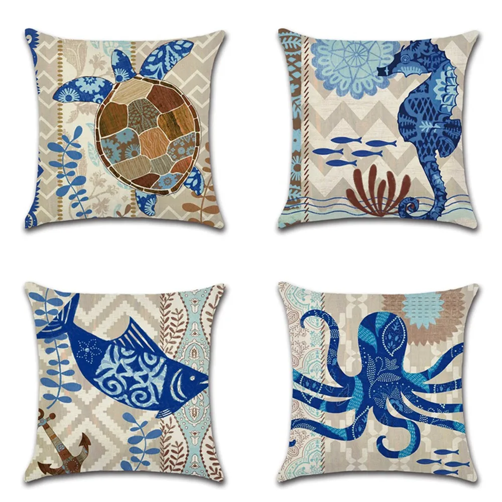 

Sea Turtle Linen Cotton Throw Pillow Cover Case Marine Animal Pattern Cushion Cover Fish Octopus Printed Sofa Bedroom Pillowcase