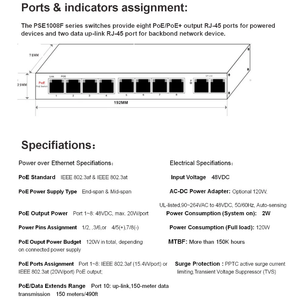 YiiSPO 10/100 Мбит/с POE коммутатор 8 + 2 порта 6 портов стандартный 48 В выход IEEE802.3AT/IEEE802.3AF