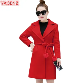 

YAGENZ Winter Wool Coat Women Medium length Hairball Lacing Slim Woolen Coat Women Red Coat Fashion Ladies Street Jacket Top 379
