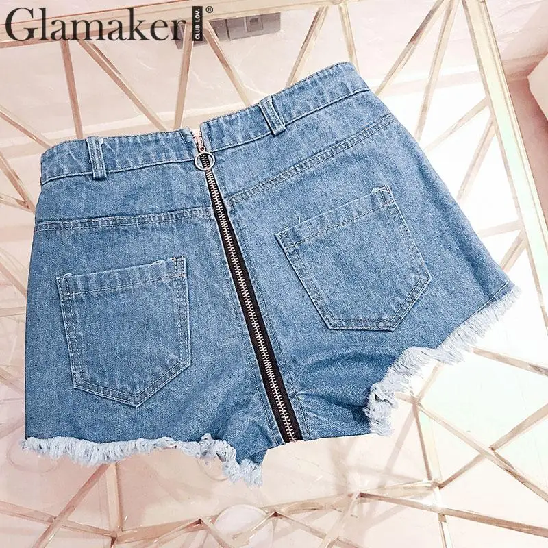 Glamaker/женские шорты с высокой талией, джинсовые шорты на молнии сзади, вечерние, Клубные, с бахромой, сексуальные шорты для женщин, уличная одежда, джинсы - Цвет: Синий