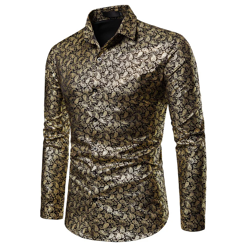 Новые Золотые Бронзовые рубашки Camisa для мужчин, приталенное платье, брендовая одежда с длинными рукавами для ночного клуба, рубашка с цветочным принтом для мужчин, уличная одежда