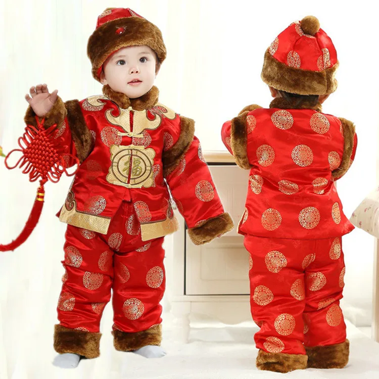 Одежда с длинными рукавами в китайском стиле на весну Фестивальная одежда год костюм, одежда для детей хлопковая стеганая куртка в стиле эпохи Тан традиционный Костюмы комплект+ шляпа