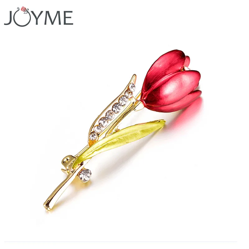 Wedding Red Tulip Brooch for Women Rhinestone Flower Lapel Pin Broche