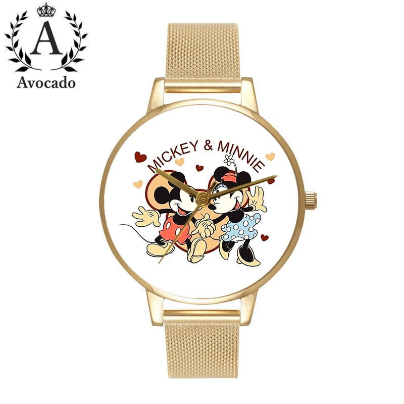 Avocado Mickey& Minnie Cartoon Watches Gold Mesh Belt Kids Watch For Women Female Ladies Students Girl Clock Gift