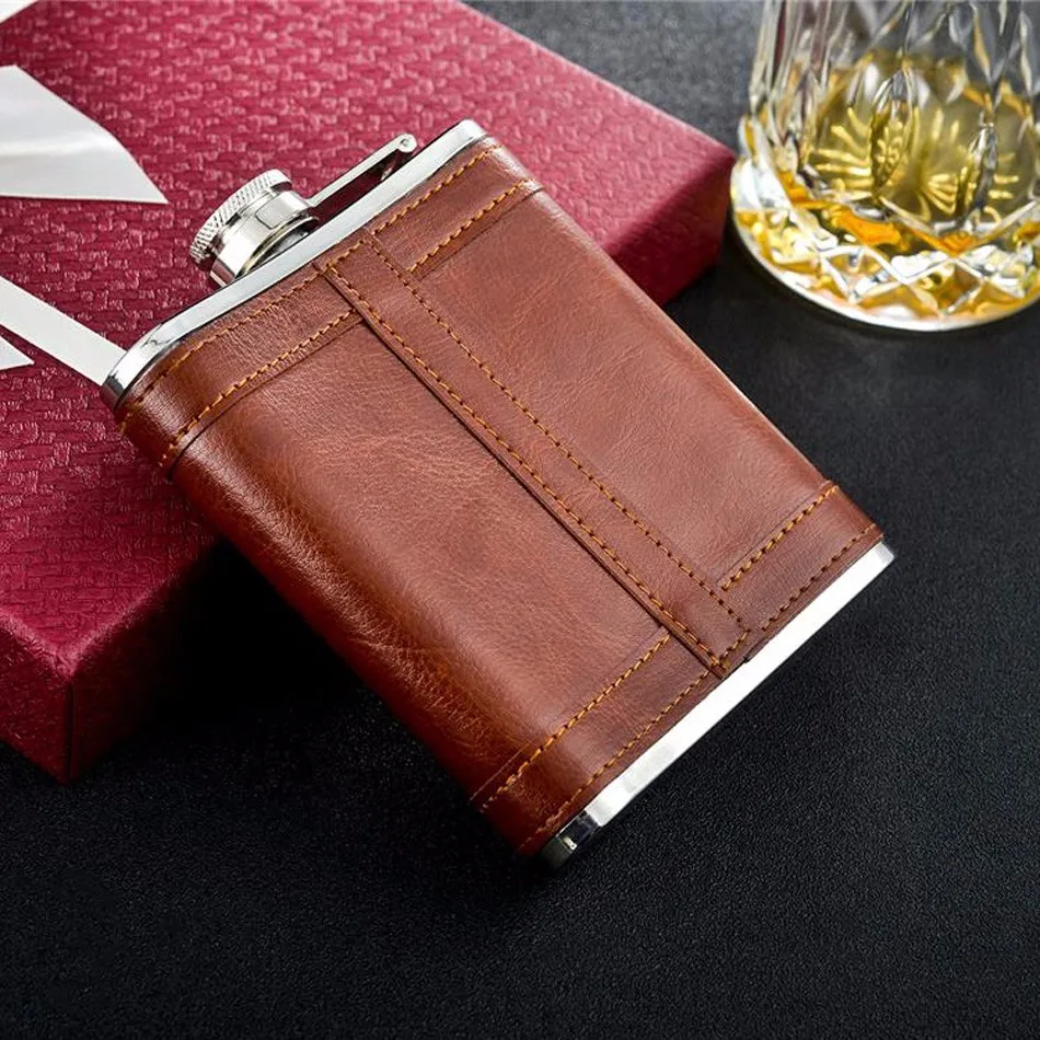 7OZ UK style stainless steel leather wrapped hip flask with free funnel