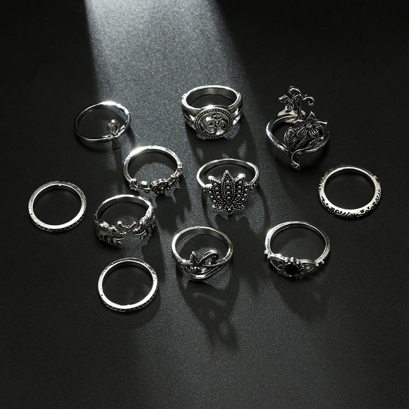 HuaTang Бохо серебряное кольцо с кристаллами для женщин геометрический цветочный кольца на средний палец набор Anel Anillos ювелирные изделия 6502