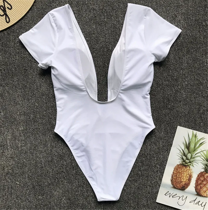 Женский сексуальный цельный пляжный костюм, однотонный летний Боди, модный короткий рукав, глубокий v-образный вырез, мягкий пуш-ап комбинезон, комбинезон