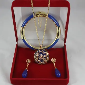 

7.5' blue Jade bracelet, earings, and dragon inlay blue jade pendant jewelry sets for Christmas and valentine's gift AA1013