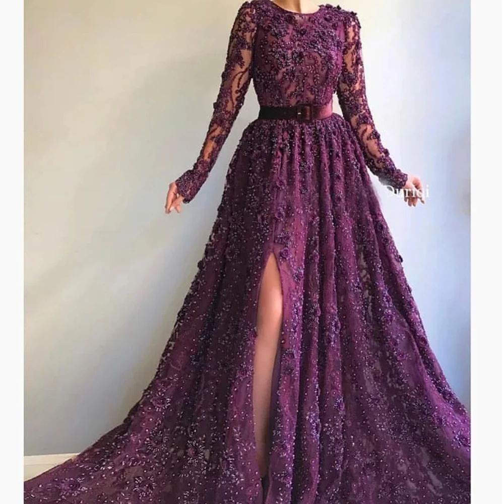 

burgundy prom dresses 2019 crew neckline lace beading sequins lace long sleeve evening dresses arabic party dresses