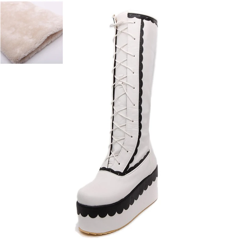 KarinLuna/Новинка; обувь для девочек на толстой платформе в стиле пэчворк для костюмированной вечеринки Модные женские зимние ботинки на меху на высокой танкетке со шнуровкой - Цвет: white add fur