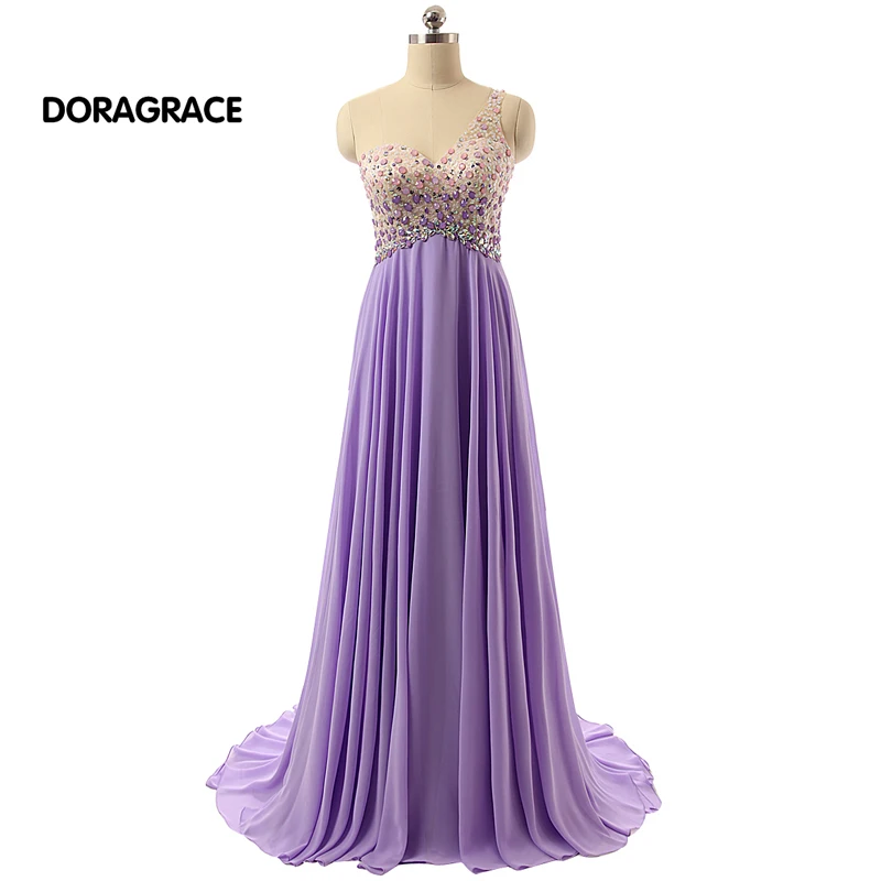

robe de soiree Romantic One Shoulder Open Back Chiffon Rhinestone Beaded Evening Dresses Long Prom Gowns DGE032