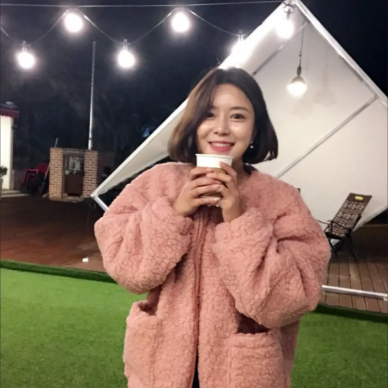 

Women Winter Korean Coat Short Jacket LambWool Parka with Zipper Pink Loose Plus Size Overcoat Manteau Femme Hiver Chaquetas
