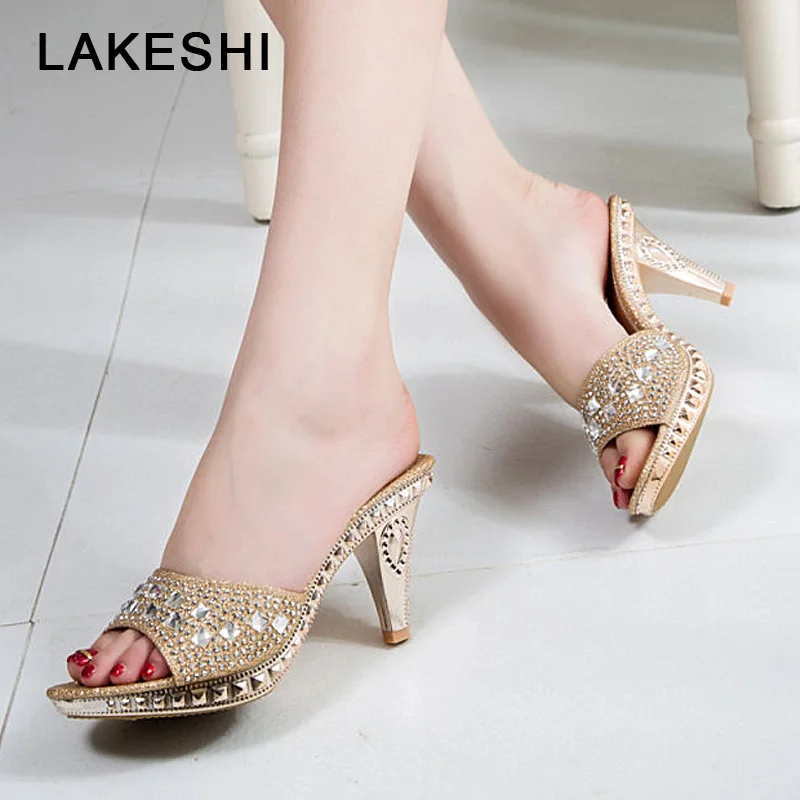 

LAKESHI Womens Pumps Spike Heels Slippers Women Shoes 2019 Sexy High Heels Shoes Crystal Party Women Shoes Open Toe Ladies Shoes